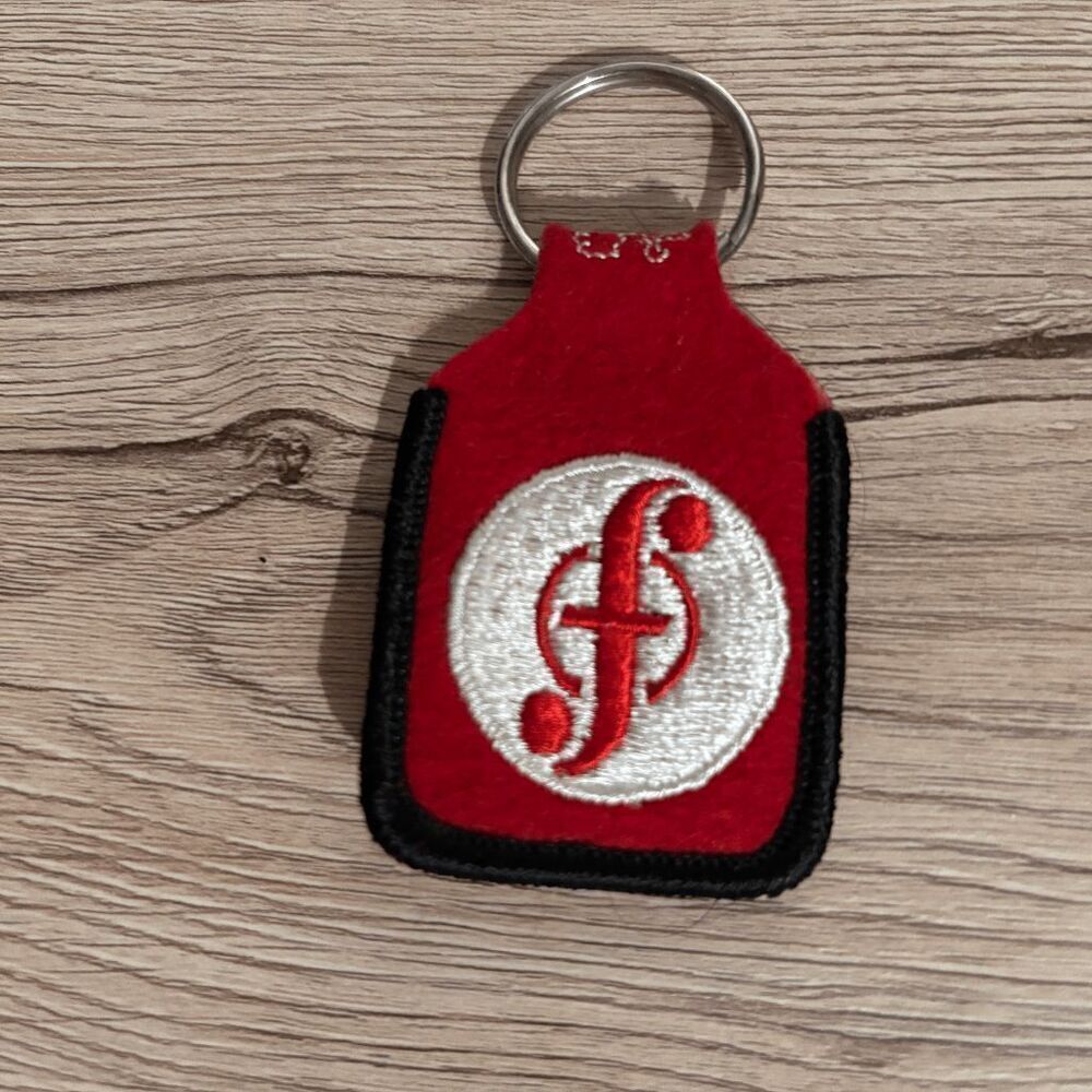 Feldman Lighting Logo red black white vintage 1980s felt embroidered keychain
